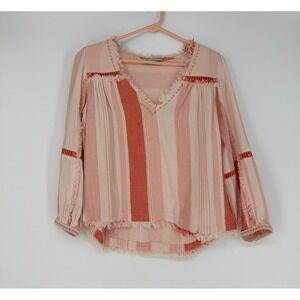 Ellor Blouse Womens XS Pink Orange‎ Striped Cotton Gauze Boho Frayed Lace Core